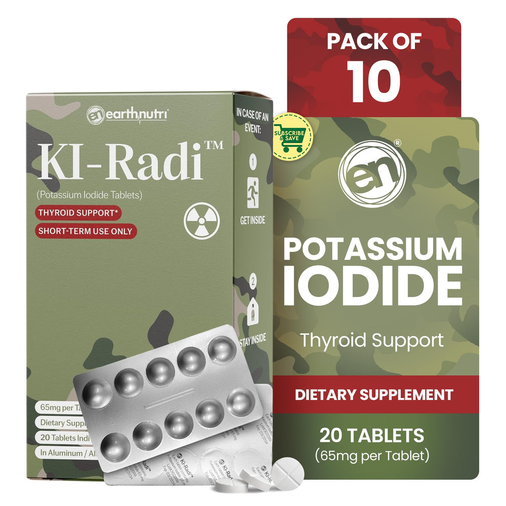 EarthNutri KI-Radi potassium iodide tablets in foil blister packaging protect potency for long-term storage.