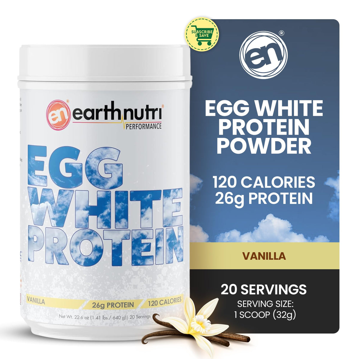 EarthNutri vanilla egg white protein powder tub showcases a clean, high-protein formula for workouts.