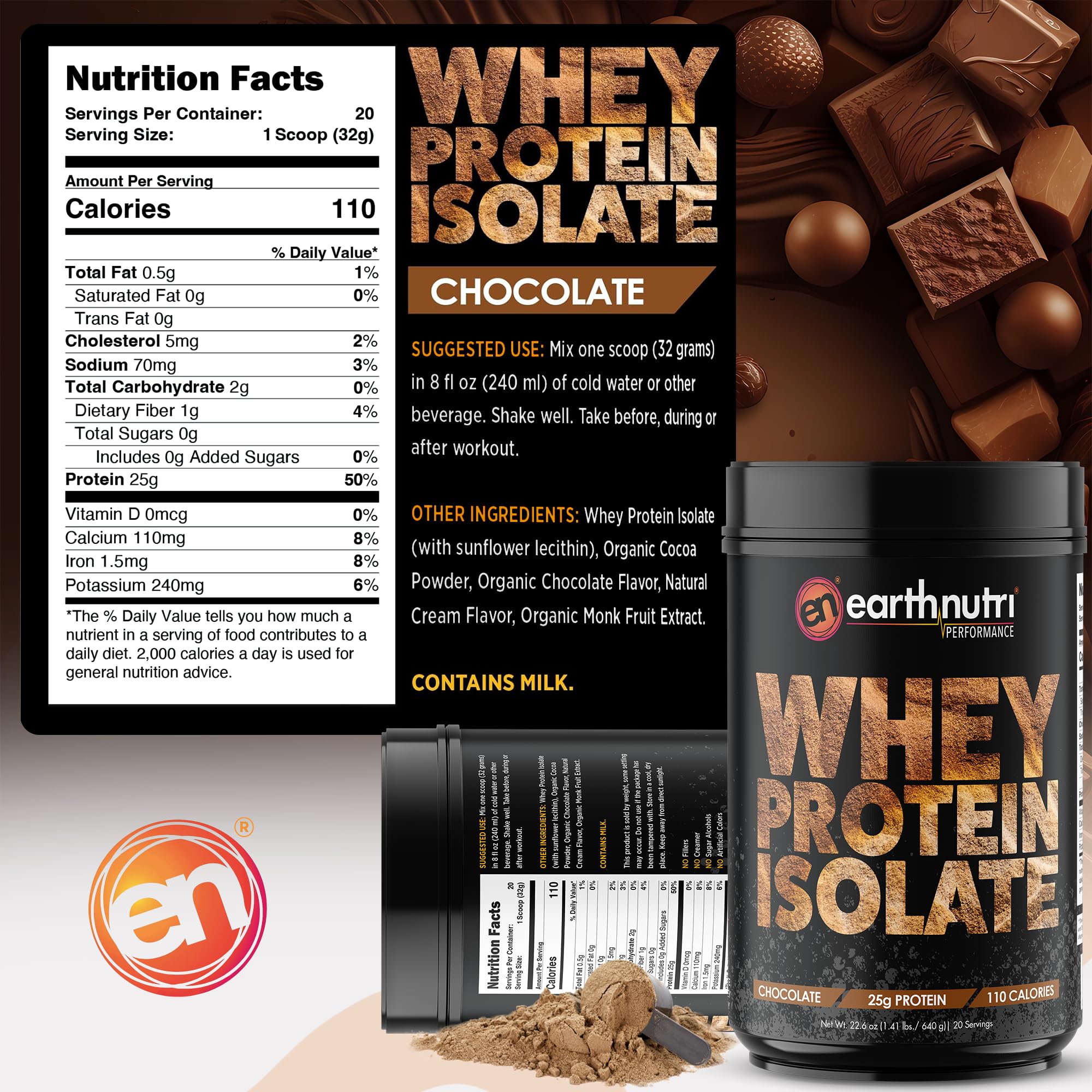 EarthNutri ingredients list highlights organic cocoa and monk fruit.