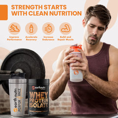 EarthNutri Whey Isolate serving shows gluten-free, non-GMO protein.