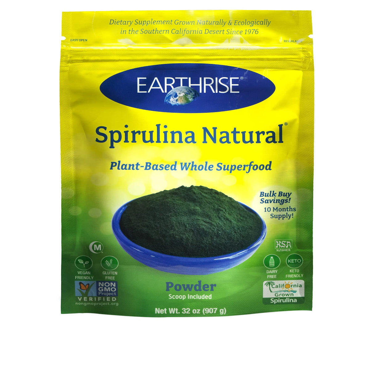 Earthrise Spirulina powder bottle showing premium superfood for daily smoothies.