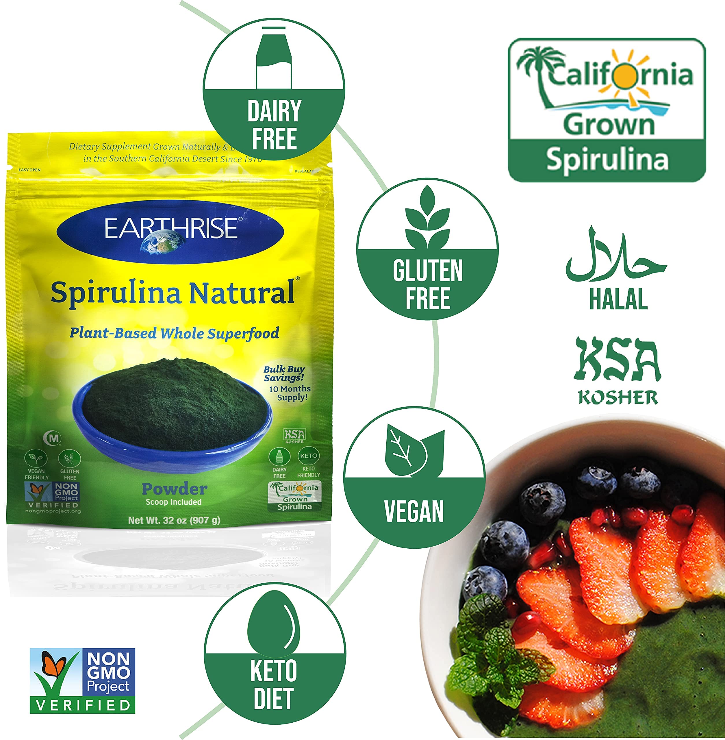 Earthrise Spirulina powder dissolving in water to create a nutritious green drink.