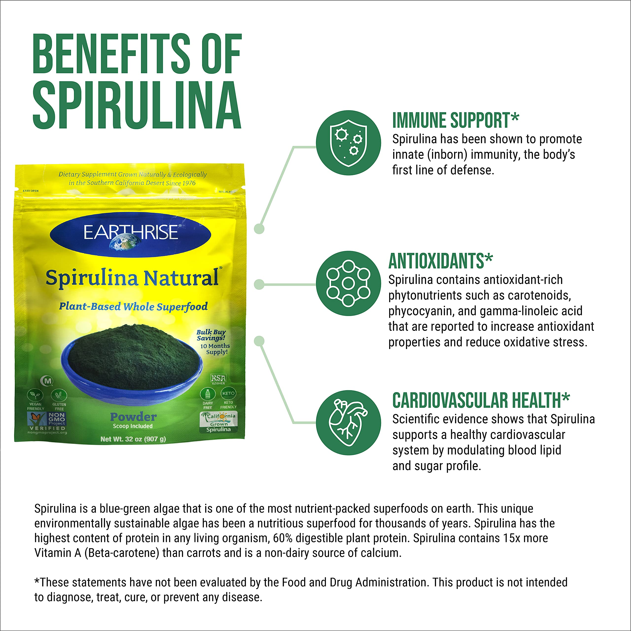 Packaging label for Earthrise Spirulina powder emphasizing vegan, gluten-free, non-GMO qualities.