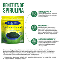 Packaging label for Earthrise Spirulina powder emphasizing vegan, gluten-free, non-GMO qualities.