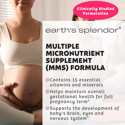 Earth's Splendor label close-up highlights folic acid and iron for prenatal support.