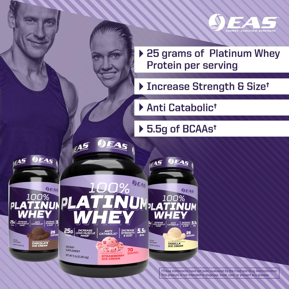 Close-up of EAS label on 100 Percent Platinum highlighting protein quality.