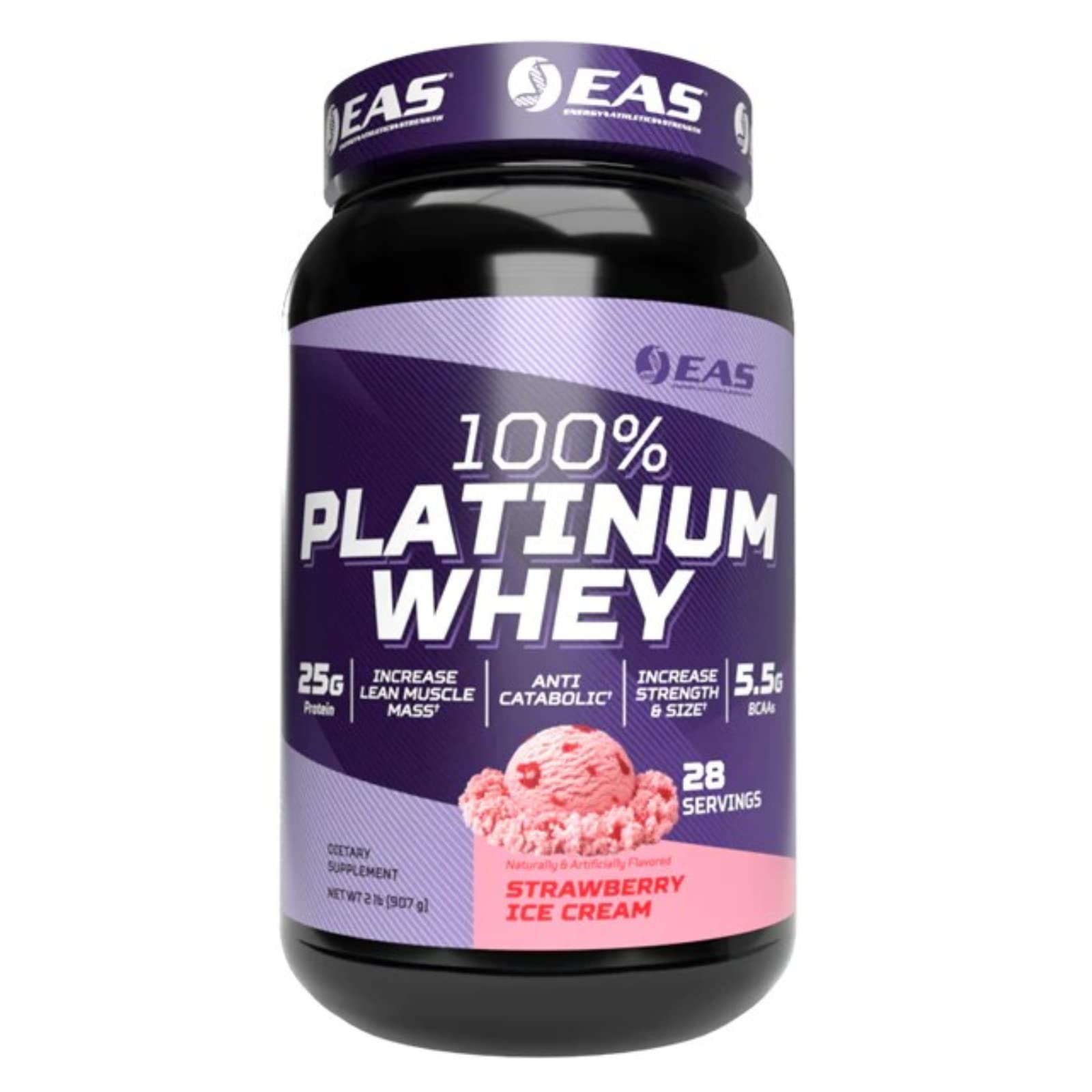 EAS 100% Platinum whey powder strawberry ice cream tub for lean muscle support.