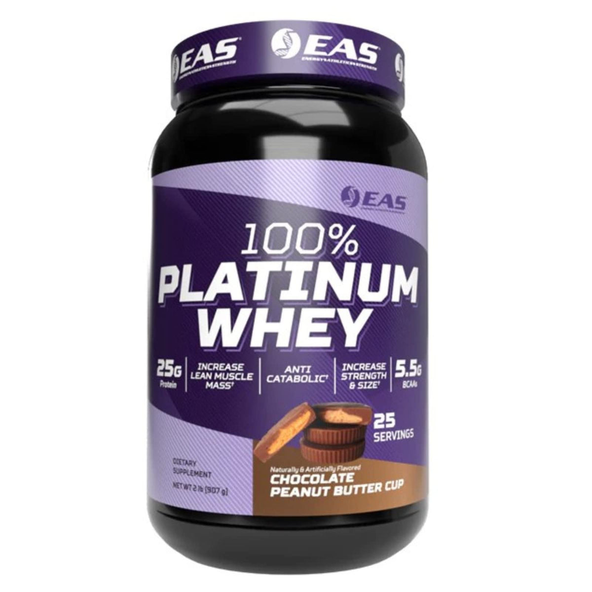 EAS 100% Platinum whey tub in chocolate peanut butter cup flavor for lean protein