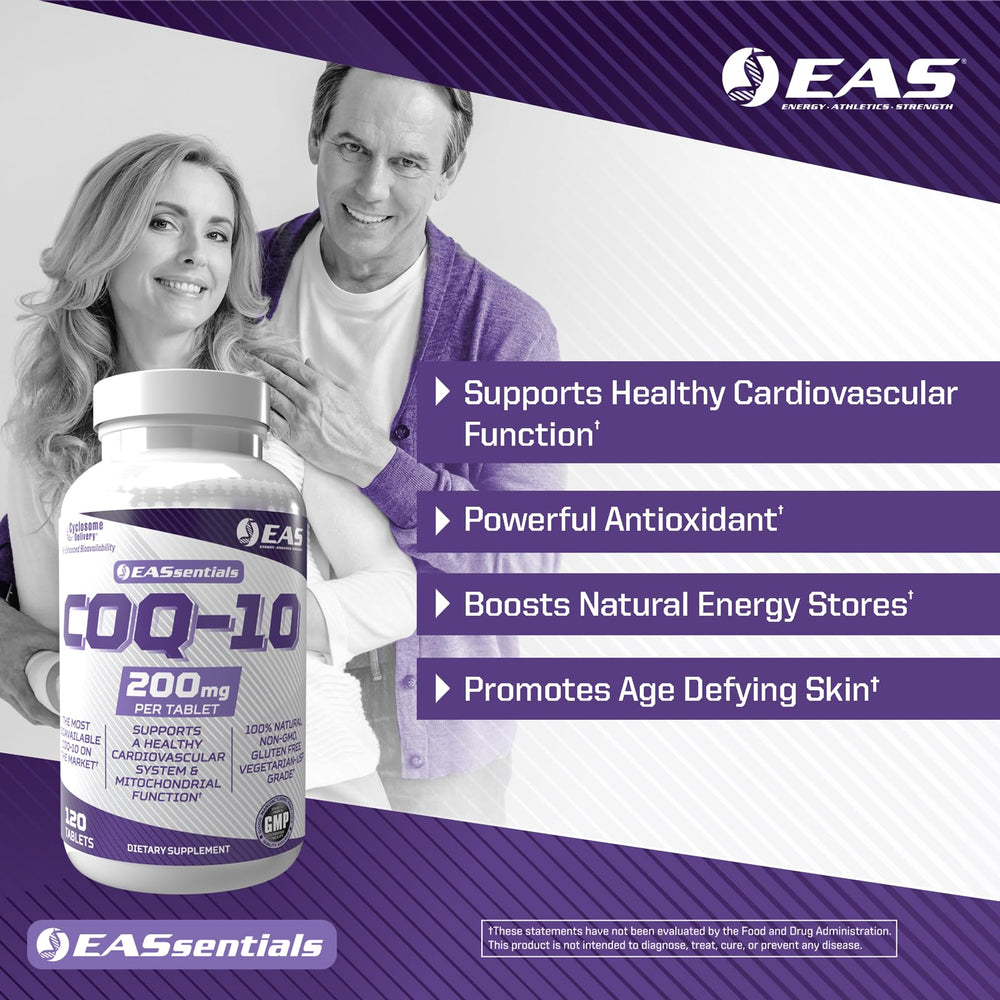 EAS COQ-10 label detail highlighting gluten-free and non-GMO attributes.