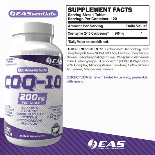 Close-up of COQ-10 200mg tablets for easy daily intake.
