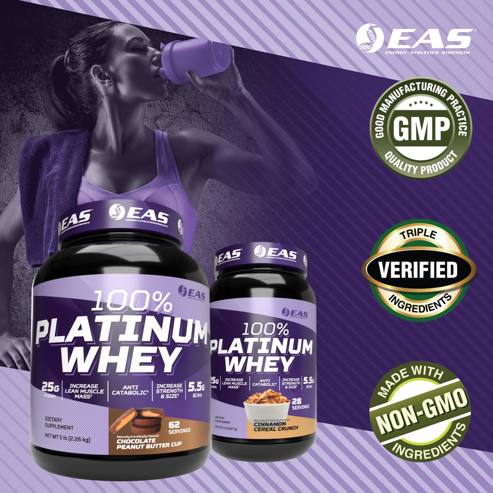 GMP quality seal on EAS whey packaging indicating controlled manufacturing standards.