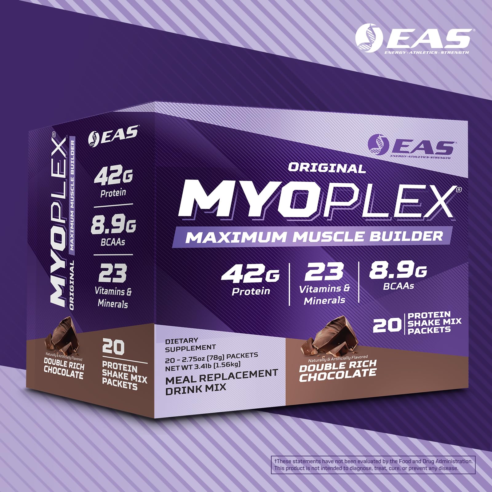 Box of 20 single-serve EAS Myoplex packets for on-the-go fueling.