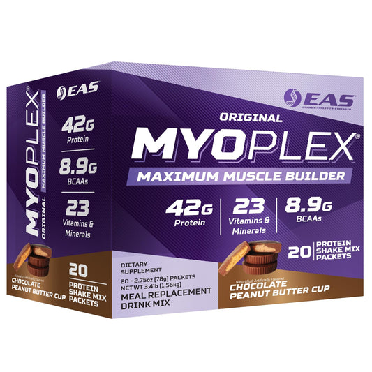 EAS Myoplex bottle pour showing a ready-to-drink post-workout shake