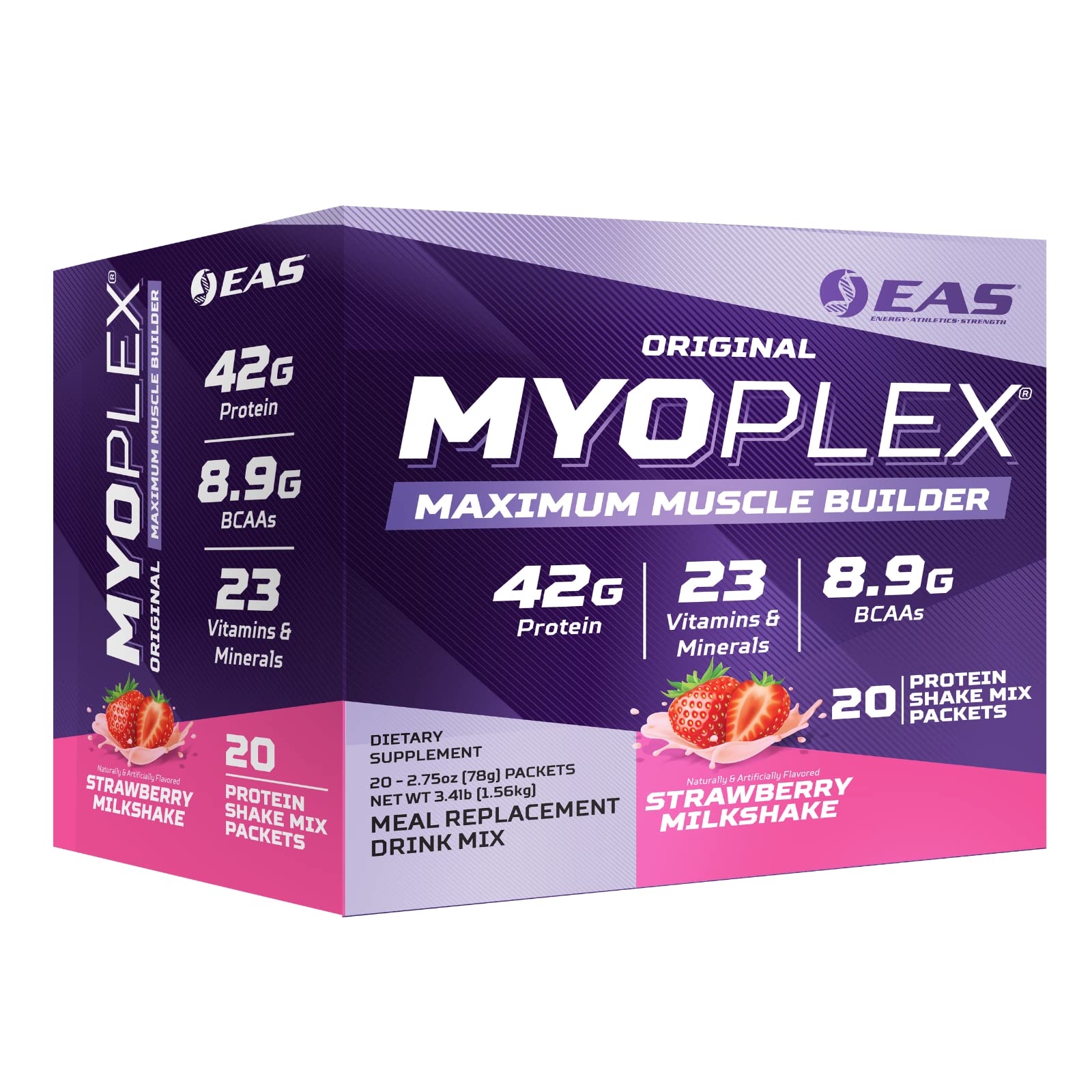 Experimental and Applied Sciences Myoplex strawberry milkshake packet ready for on-the-go protein.