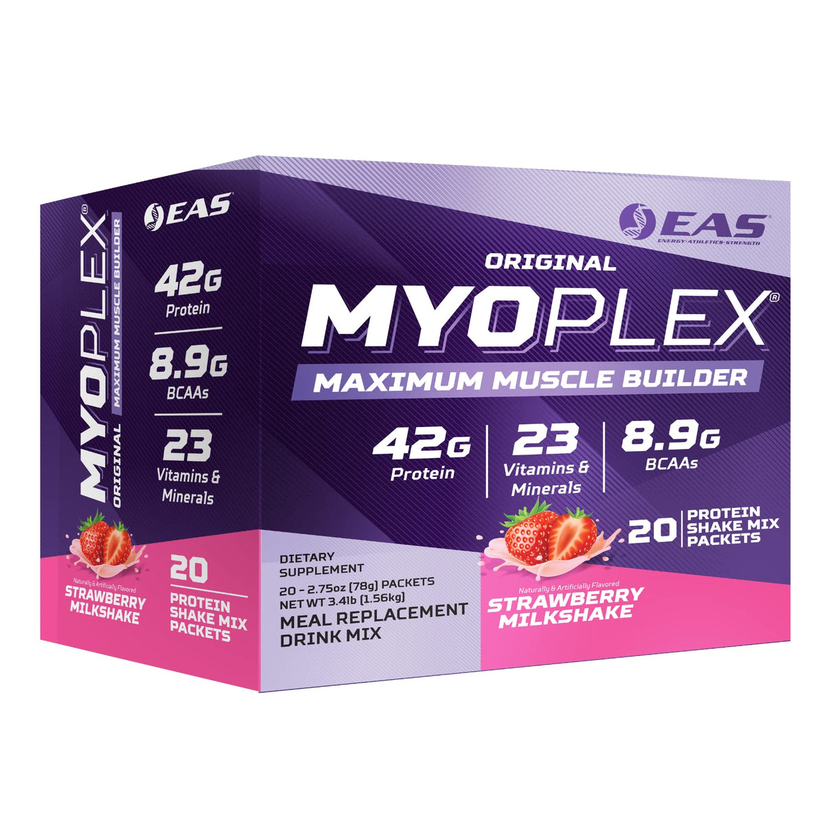 Experimental and Applied Sciences Myoplex strawberry milkshake packet ready for on-the-go protein.