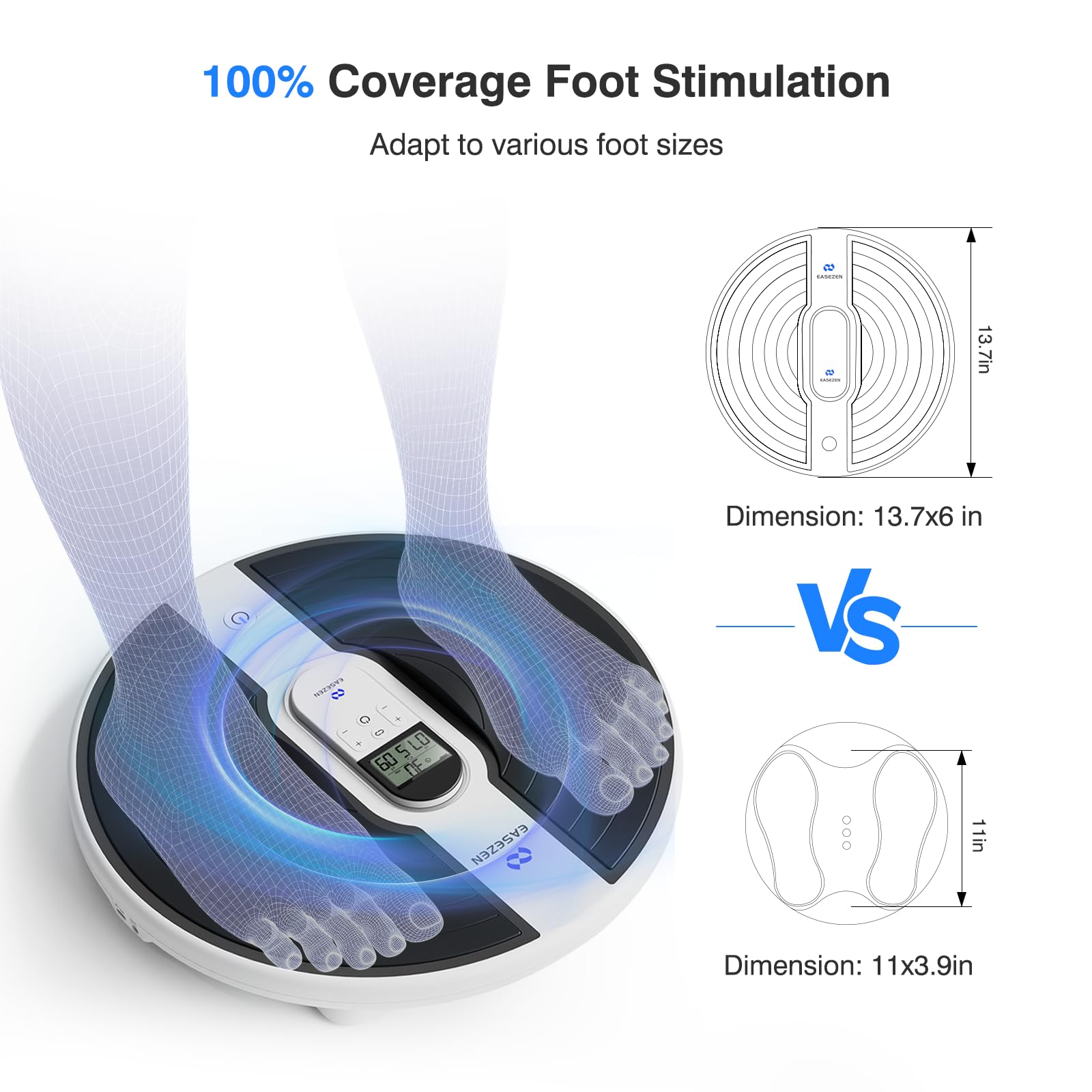 EaseZen EMS Foot Massager battery indicator shows charge status.