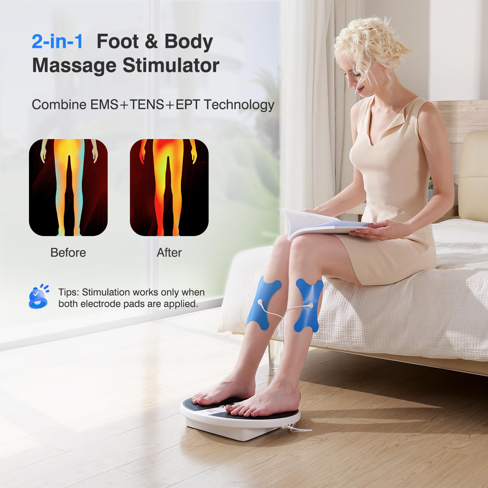 EaseZen EMS Foot Massager on bare feet ready for full-foot stimulation.
