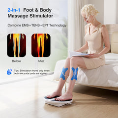EaseZen EMS Foot Massager on bare feet ready for full-foot stimulation.