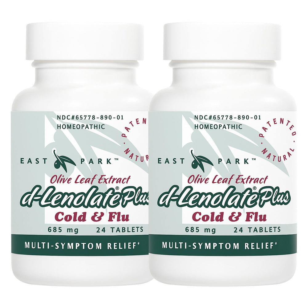 East Park D-Lenolate Plus bottle closeup highlighting easy dosing for adults and kids.