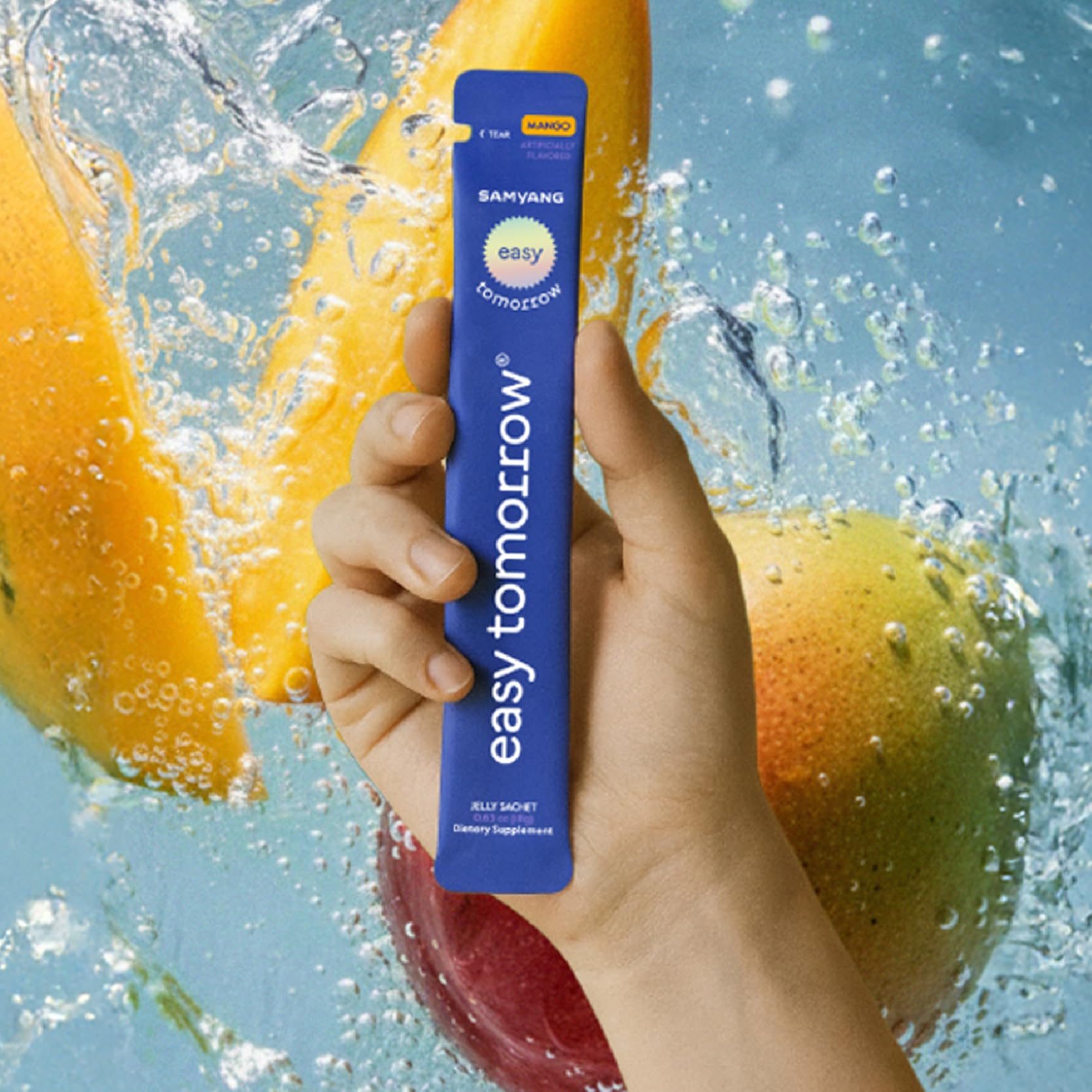 EASY TOMORROW Mango jelly-stick poured into glass for quick hydration after late nights.