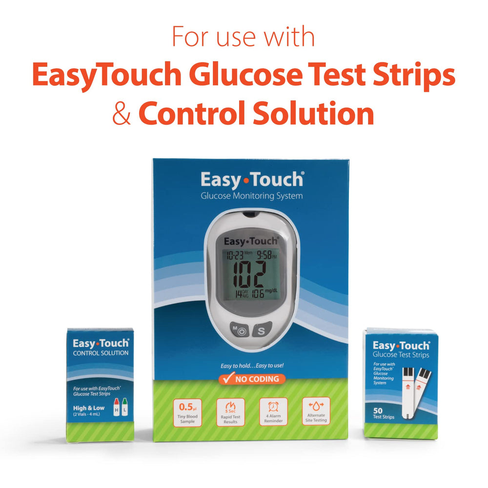 Easy Touch glucose test strips for palms or fingertips with fast 10-second results.