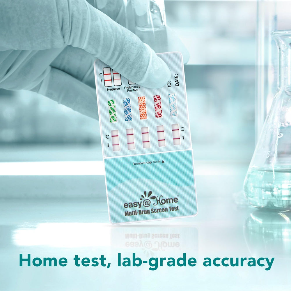 Easy@Home multi-drug test shows certified reliability for home screening.
