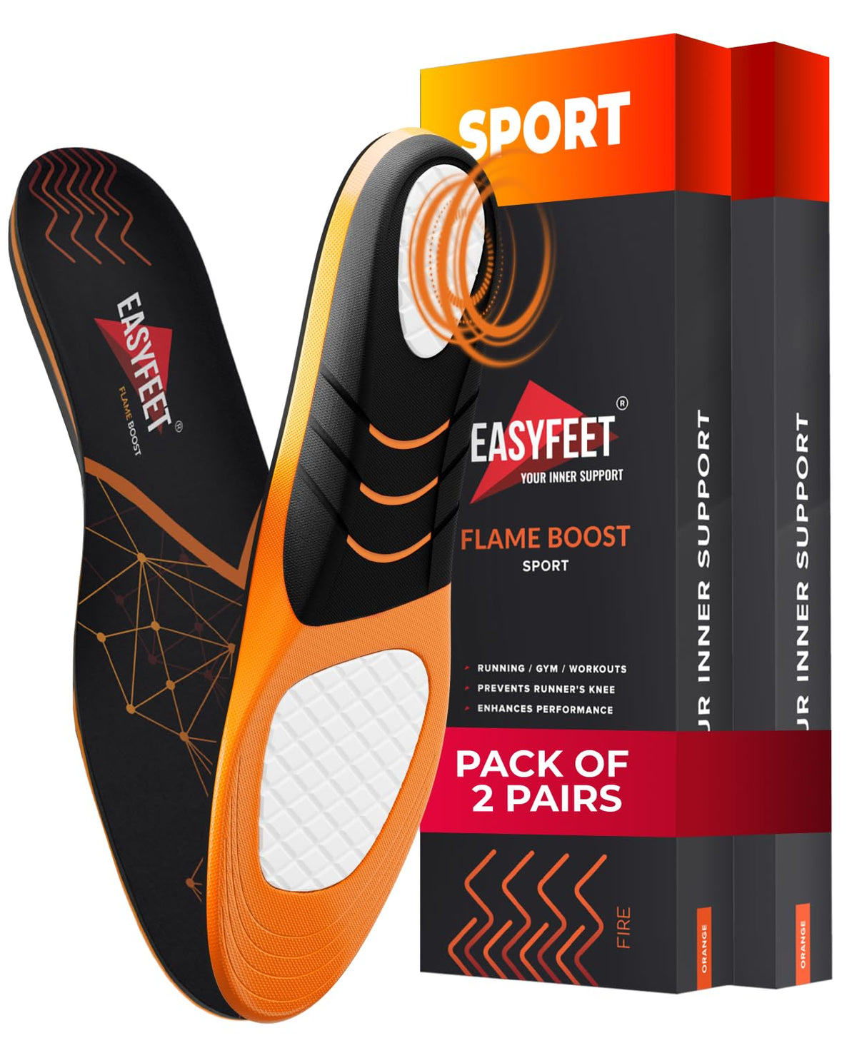 EASYFEET Flame Boost insoles pack two pairs for enhanced arch support during workouts.