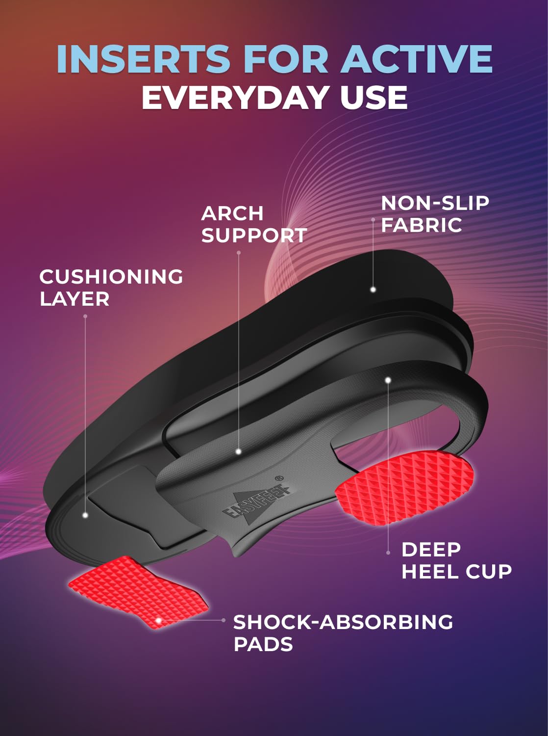 EASYFEET flat-feet insoles help improve alignment and comfort throughout the day.