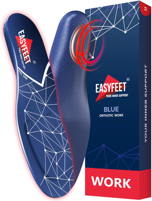 EASYFEET orthotic insoles in package showing arch support for long shifts.