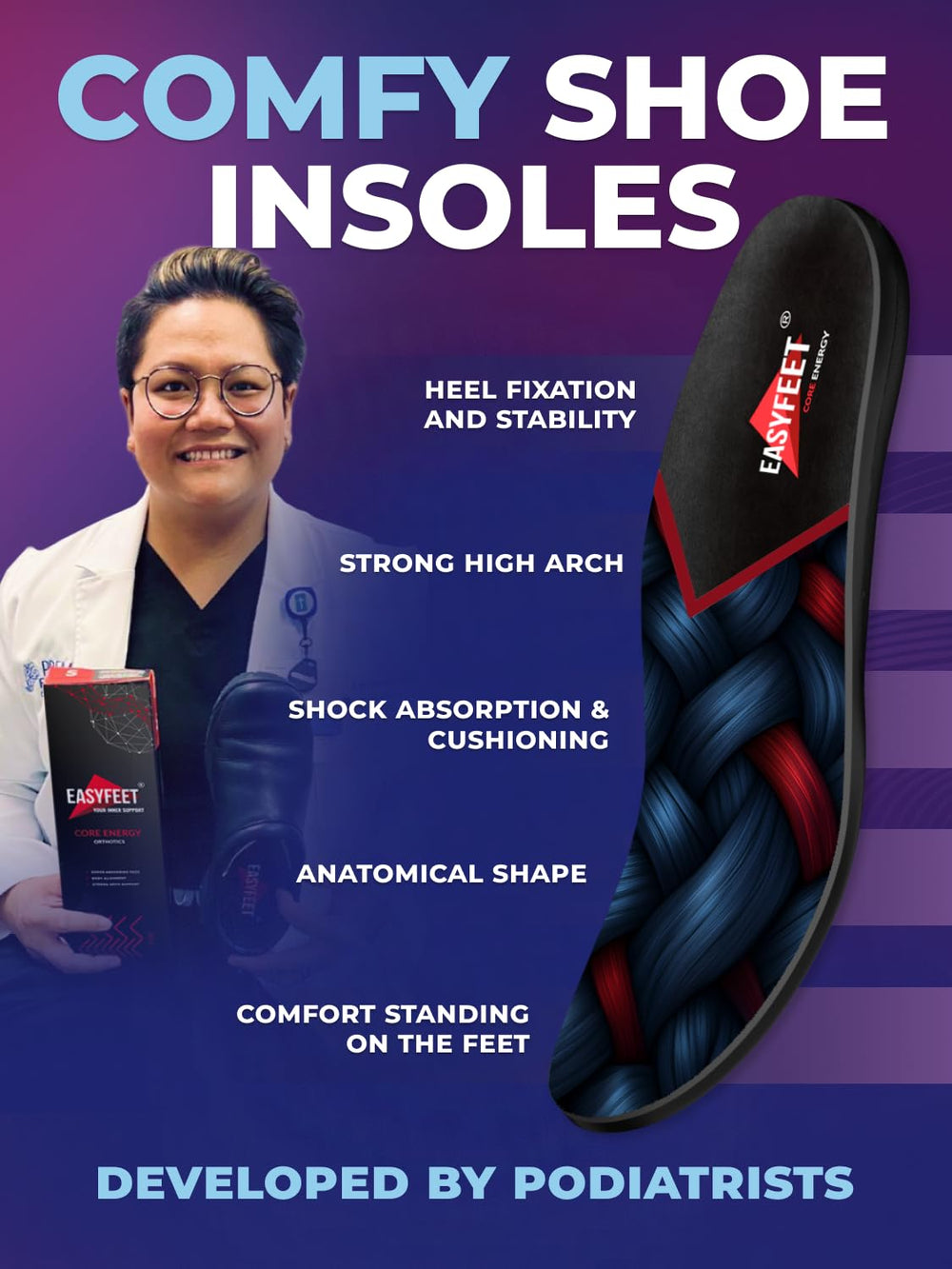 EASYFEET insoles deliver shock absorption and energy return for lighter steps.