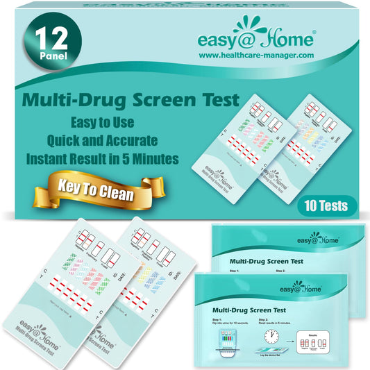 Easy@Home 12-panel test kit box showing home screening packaging for convenience.