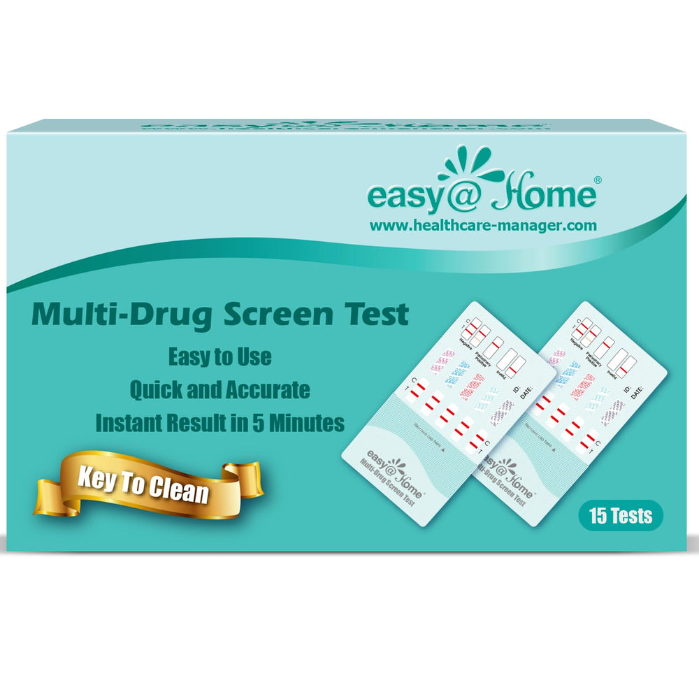 Easy@Home 15-pack box front view showing a comprehensive urine drug test kit.