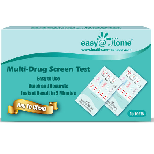 Easy@Home 15-pack box front view showing a comprehensive urine drug test kit.