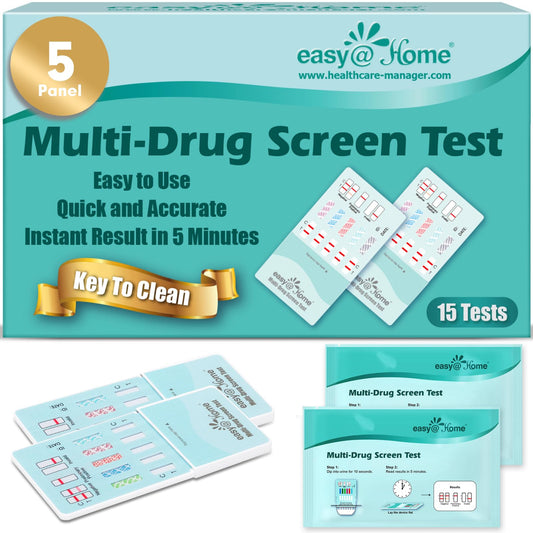 Easy@Home 5-panel urine test kit pack for convenient home screening.