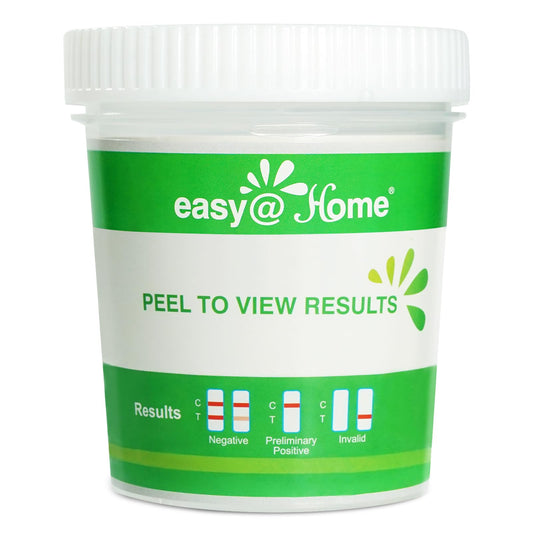 Easy@Home drug test cup shows urine-collection setup for at-home screening.