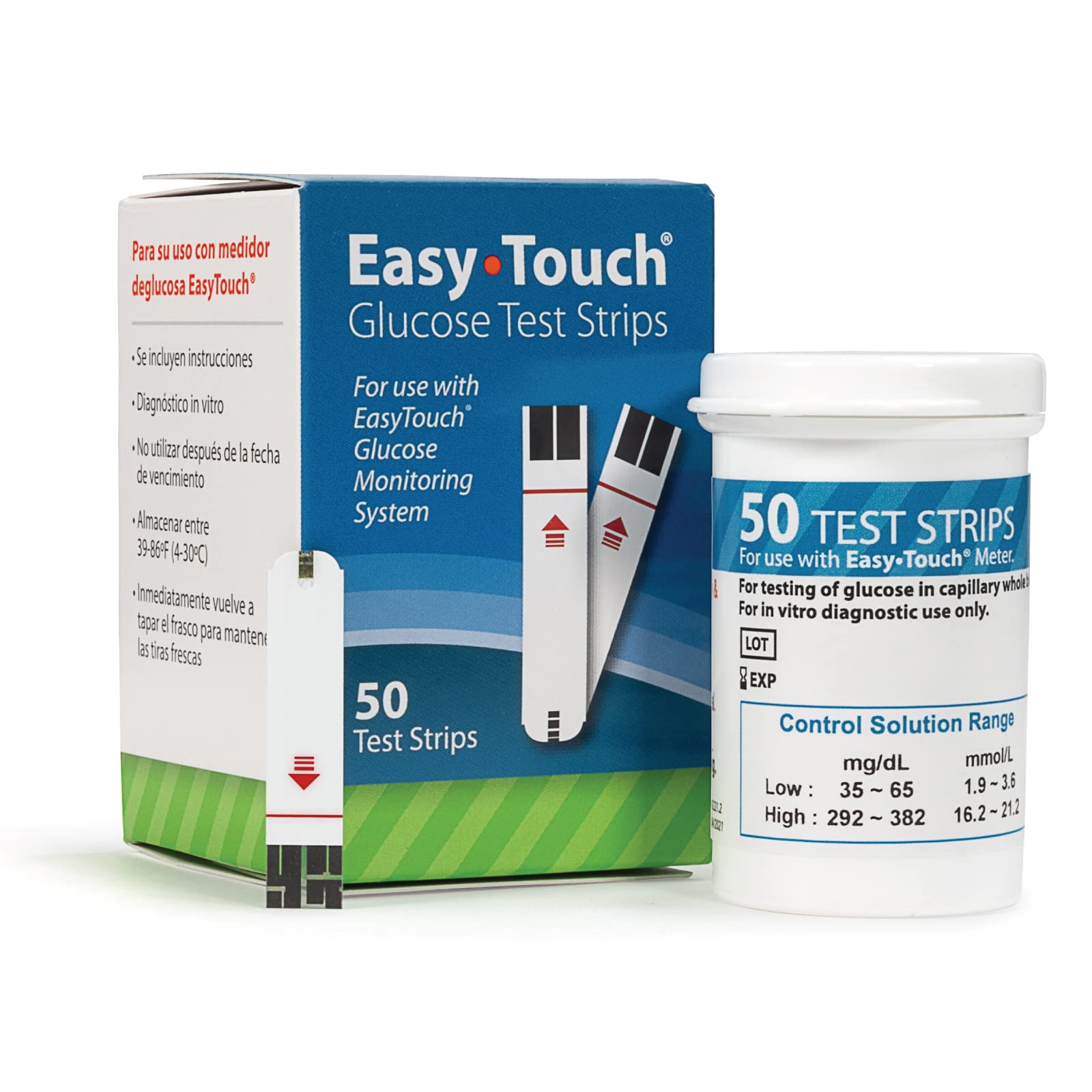EasyTouch test strip being used to test blood glucose at home.