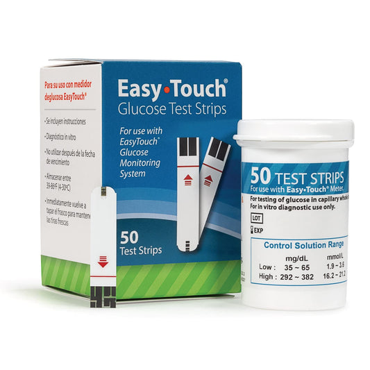 EasyTouch test strip being used to test blood glucose at home.