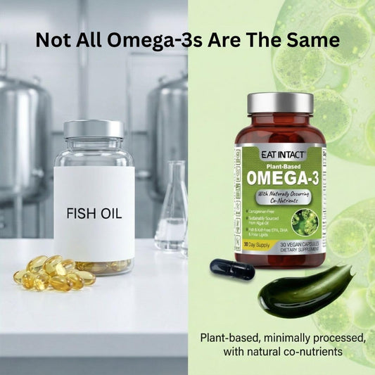 EAT INTACT algae oil bottle highlights carrageenan-free, non-GMO omega-3 formula.