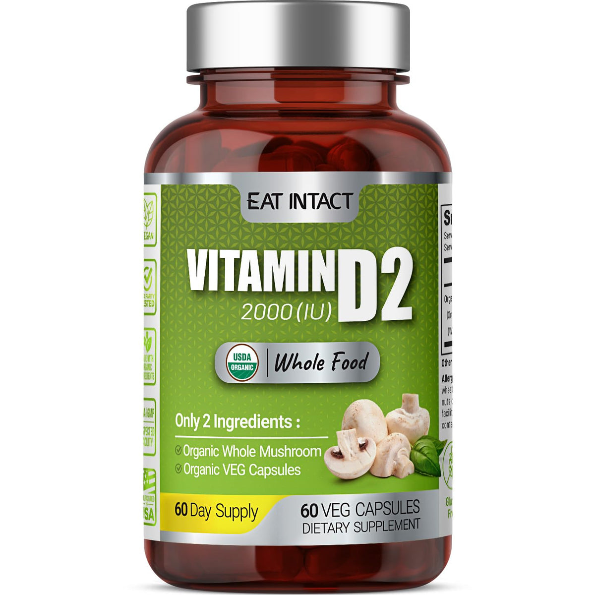 EAT INTACT vegan Vitamin D bottle with 2000 IU for daily wellness.