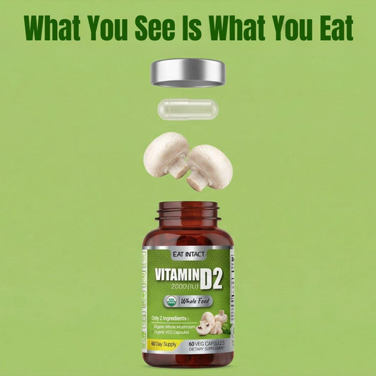 EAT INTACT Vitamin D label close-up showing organic mushroom source.
