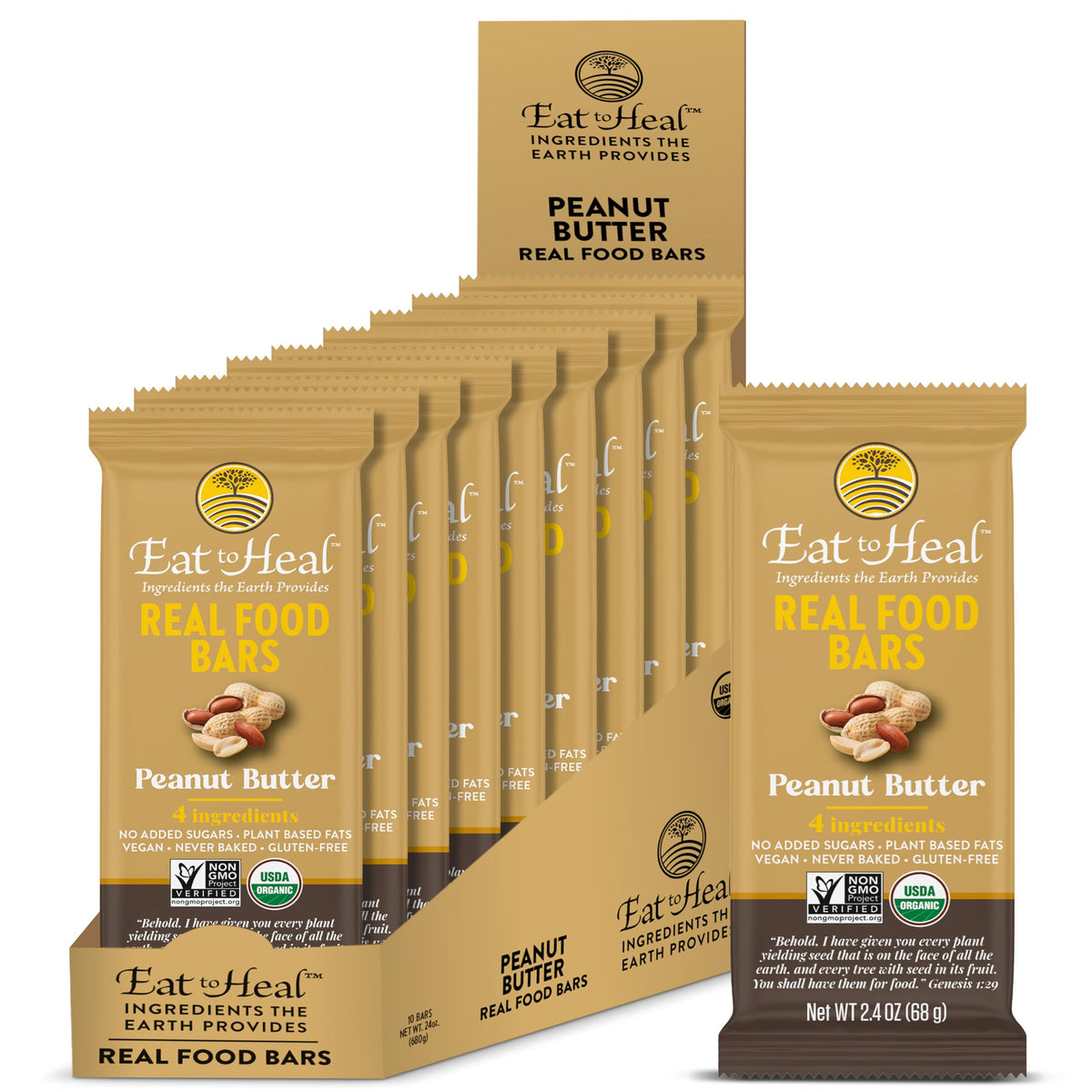 EatToHeal Peanut Butter Real Food Bar close up reveals nutty texture and natural ingredients.