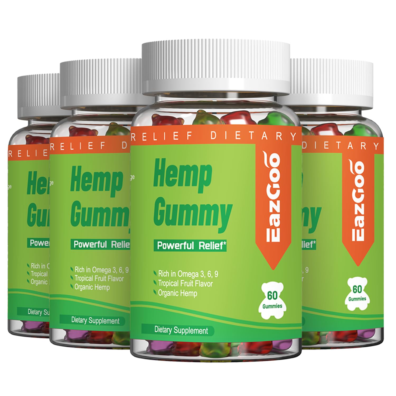 EAZGOO Natural Hemp Gummies bottle close-up for daily wellness benefits.