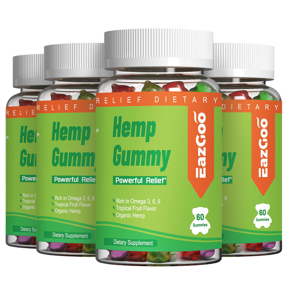 EAZGOO Natural Hemp Gummies bottle close-up for daily wellness benefits.