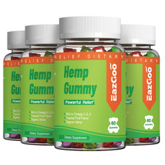 EAZGOO Natural Hemp Gummies bottle close-up for daily wellness benefits.