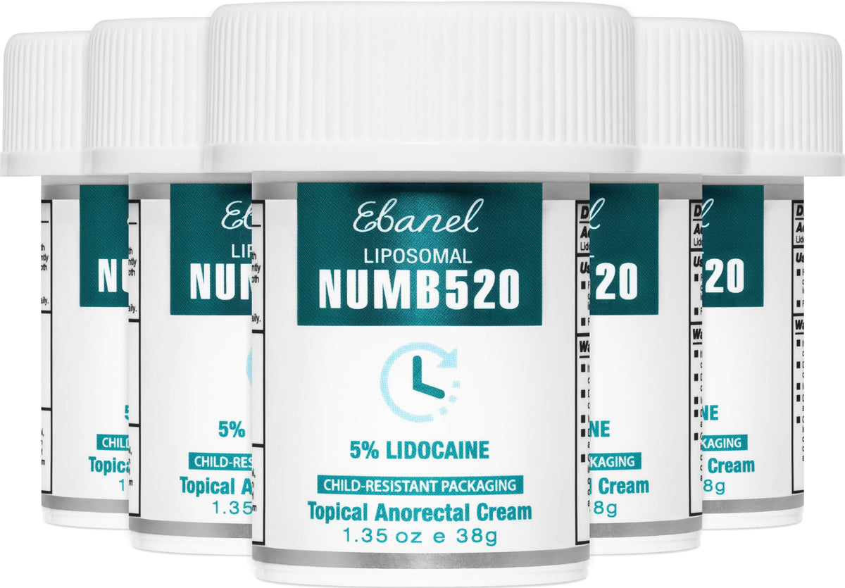 Ebanel 5% Lidocaine Cream tube closeup showing fast numbing potential.