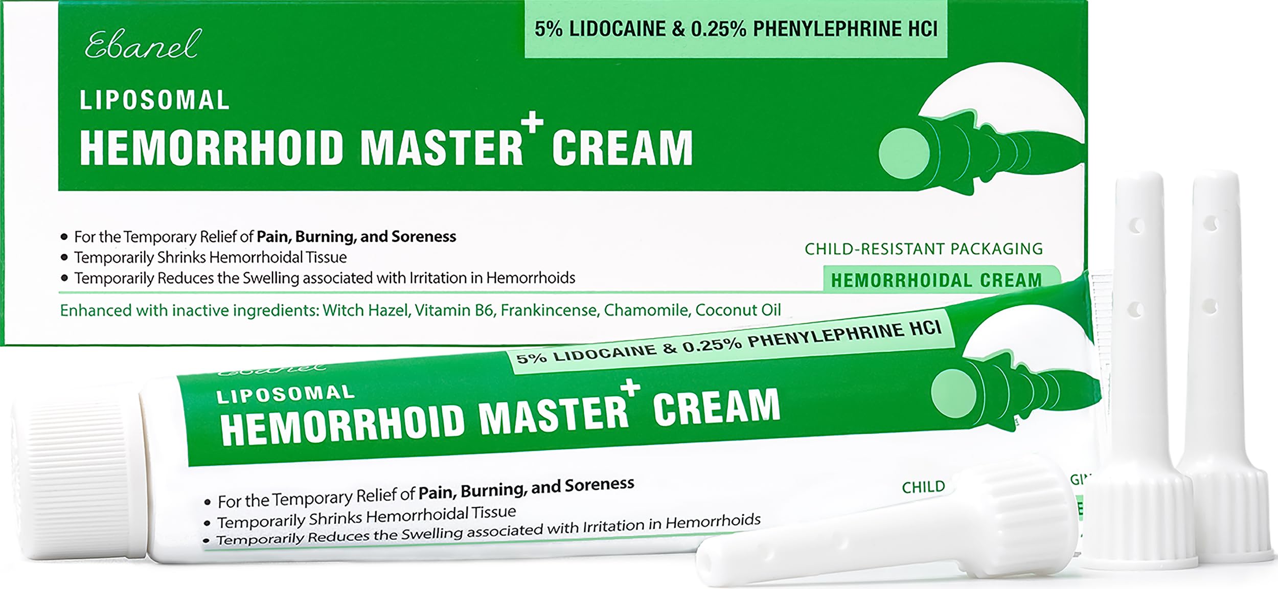 Ebanel 5% Lidocaine hemorrhoid cream tube for fast numbing relief.