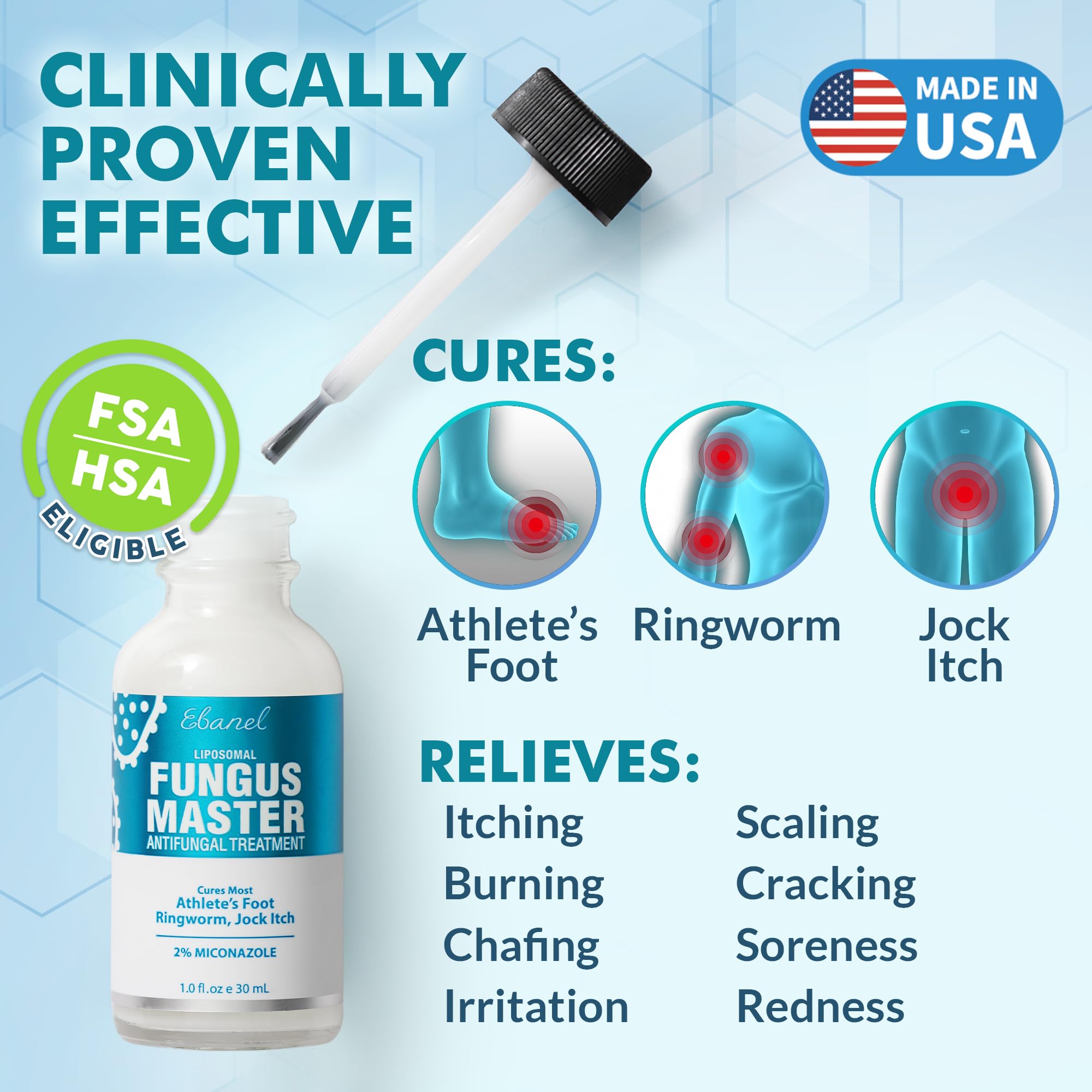 Ebanel antifungal cream with miconazole and undecylenic acid targets athlete’s foot.