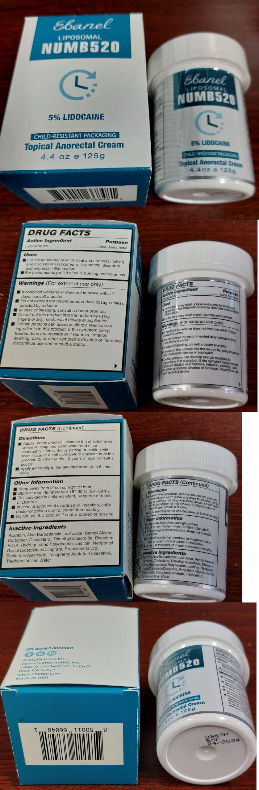 Ebanel lidocaine cream USA-made facility symbol and safety cap