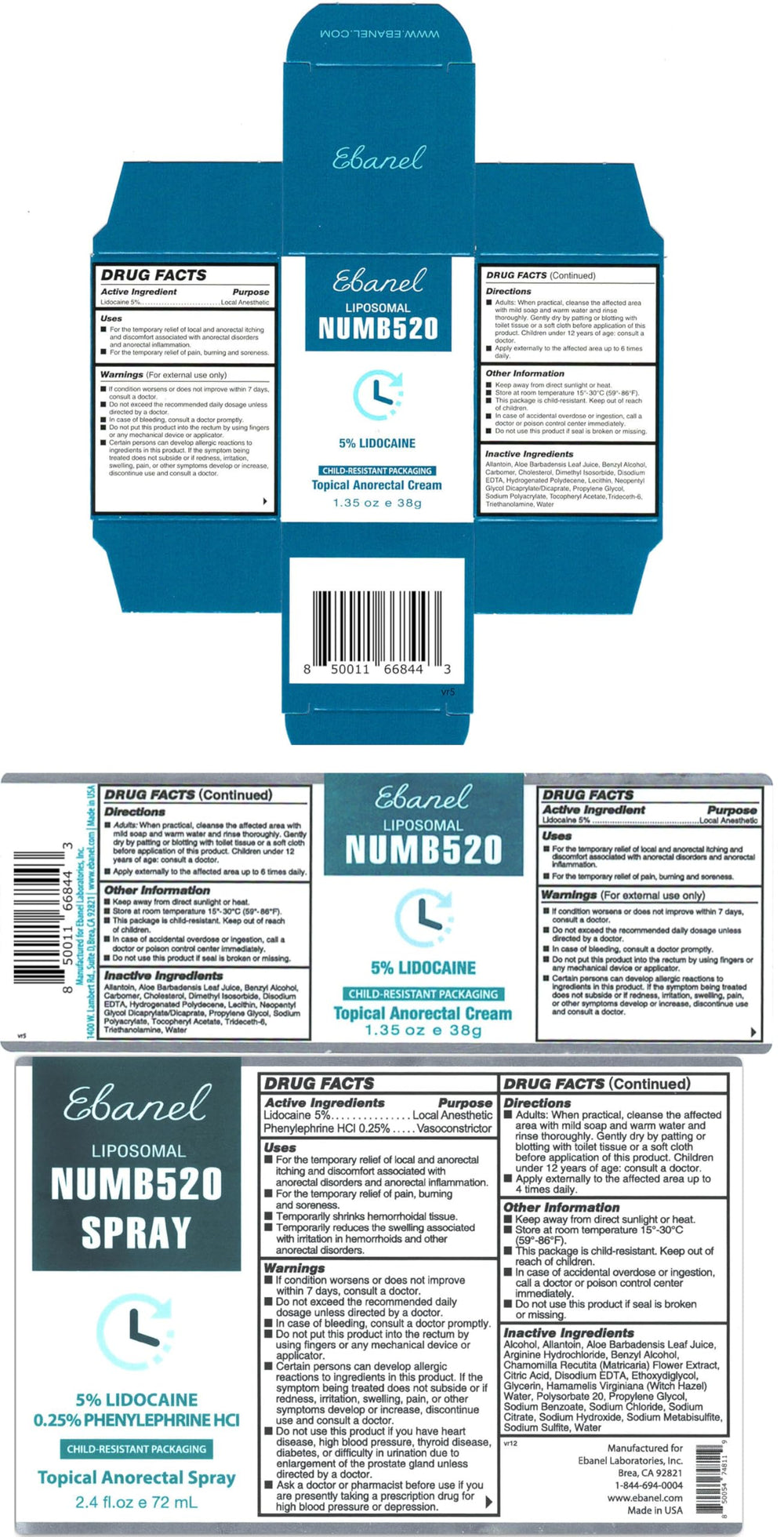 Ebanel packaging showing USA-made facility and safety features.