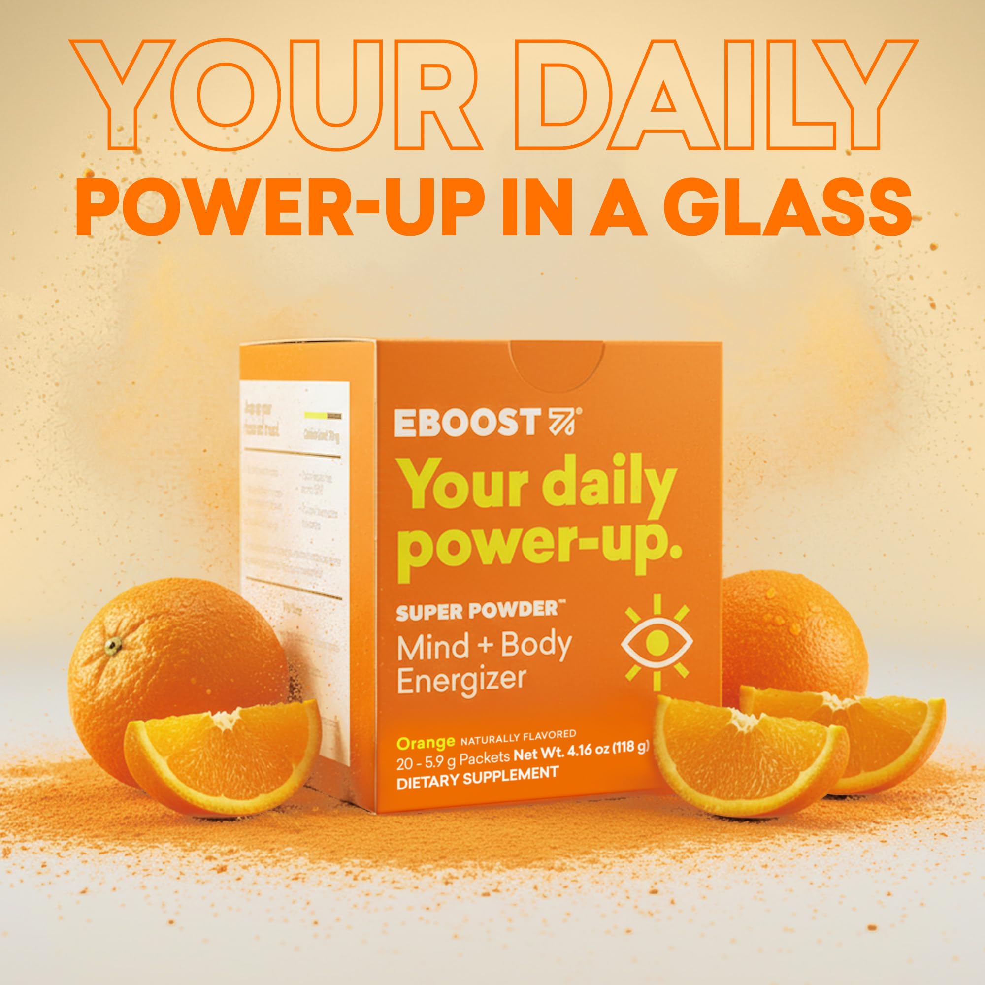EBOOST Orange glass pour showing quick mix into water for a refreshing lift.
